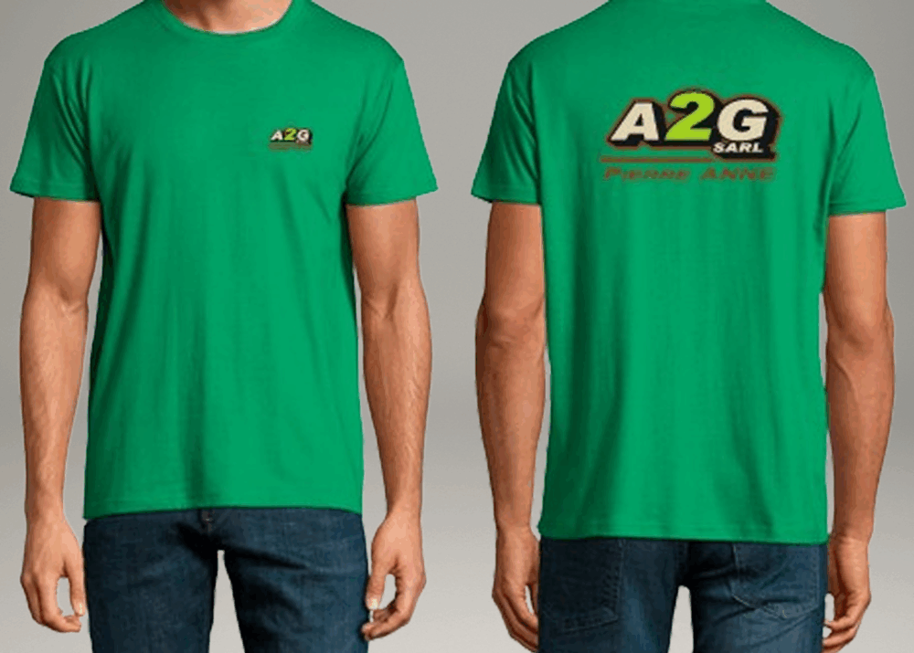 T-shirt vert personnalisé avec logo A2G SARL Pierre Anne.
