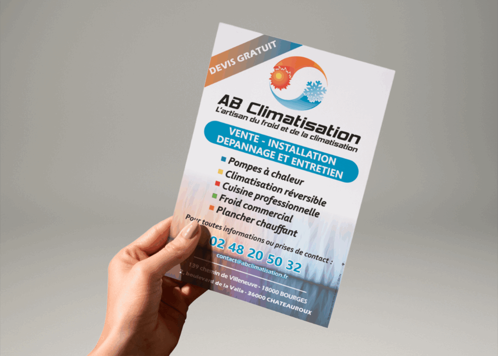 Flyer AB Climatisation présentant les services de vente, installation et dépannage.