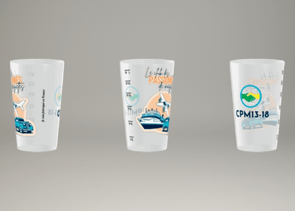 Gobelets réutilisables personnalisés CPM13-18 avec illustrations vintage de véhicules, avion et bateau.