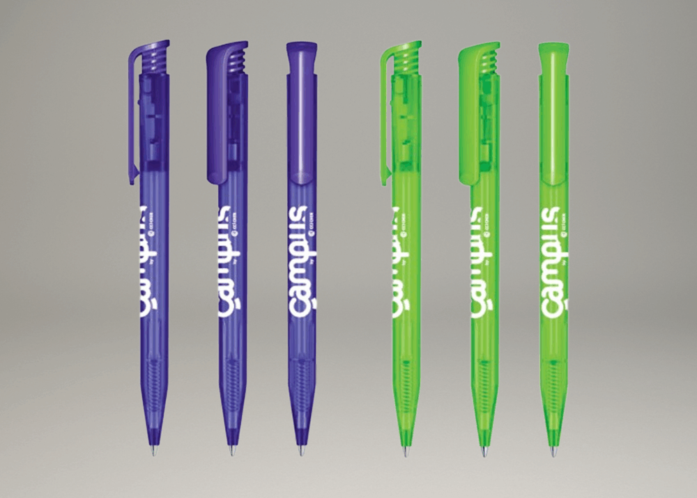 Stylos transparents verts et violets personnalisés au logo Campus CCI du Cher.
