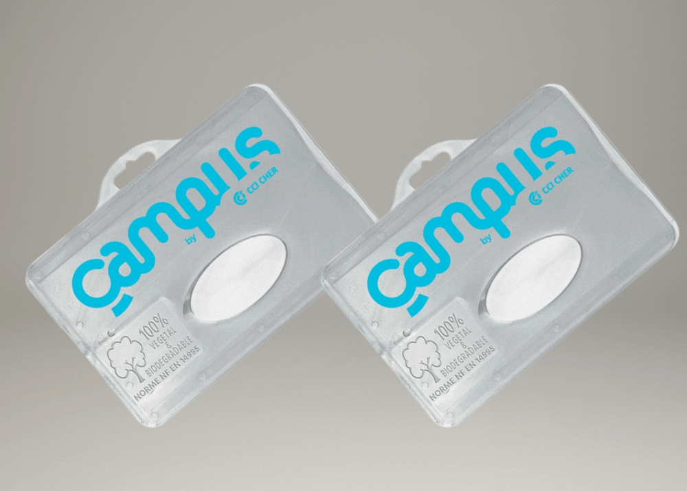 Boîtiers transparents biodégradables 100 % végétaux avec logo Campus CCI du Cher.