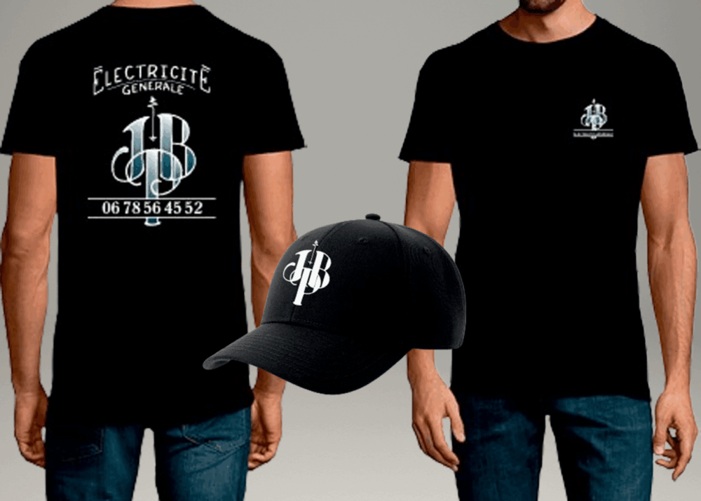 Ensemble t-shirt et casquette noirs personnalisés avec logo JB Paillard Électricité Générale.