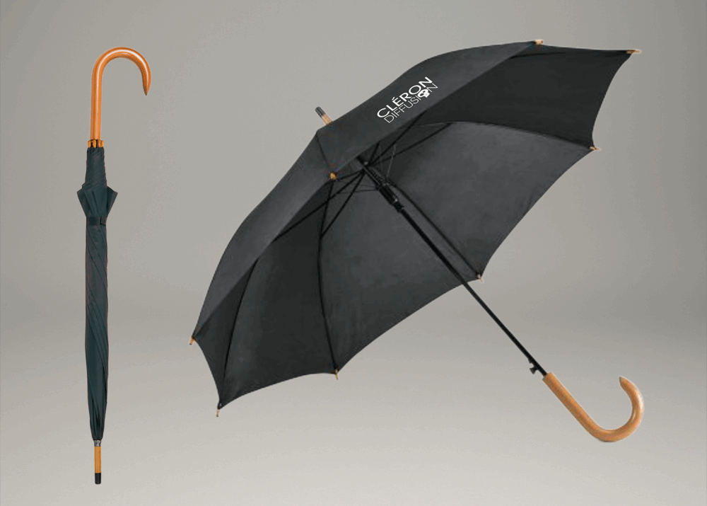Parapluie noir personnalisé Cléron Diffusion avec poignée bois courbée.