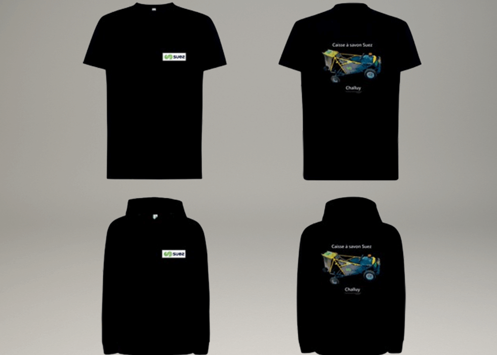 -shirts et sweats noirs personnalisés SUEZ avec visuel de caisse à savon Chaluy.