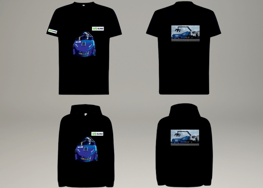 -shirts et sweats noirs personnalisés SUEZ avec visuels de véhicules de collecte.