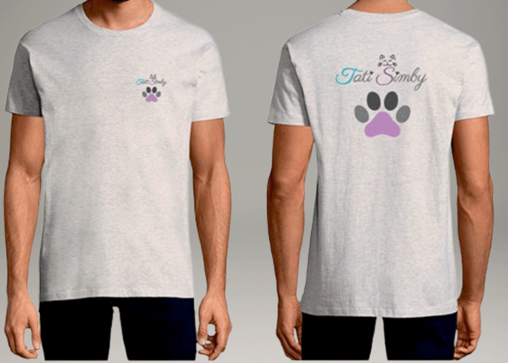 T-shirt gris clair personnalisé avec logo Tati Simby et empreinte de patte violette.