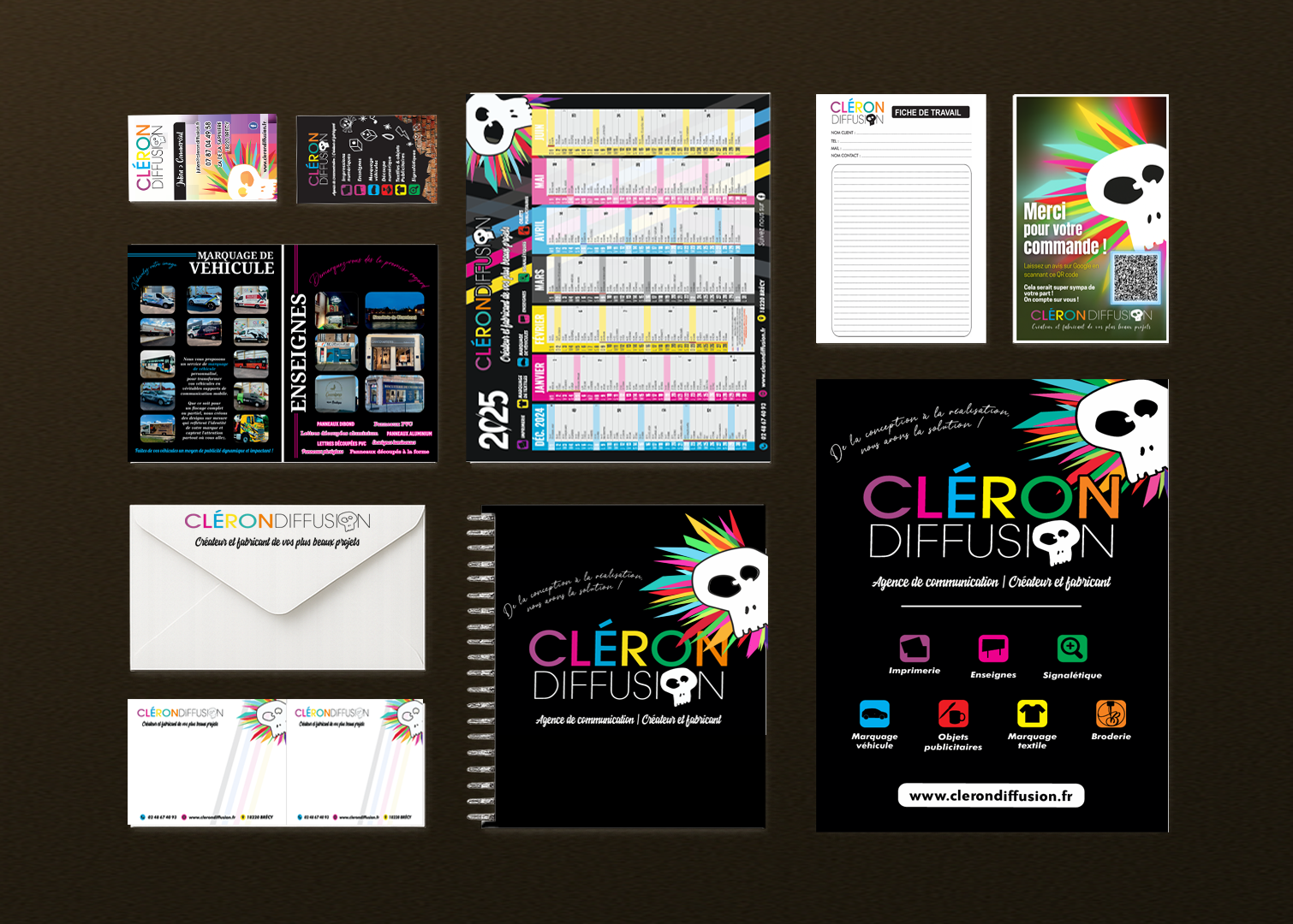 Supports imprimés professionnels de Cléron Diffusion – cartes de visite, calendriers, carnets, fiches et affiches publicitaires.