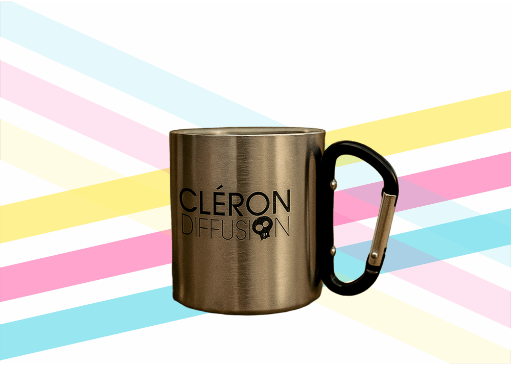 Mug en acier inoxydable Cléron Diffusion avec anse mousqueton noir.
