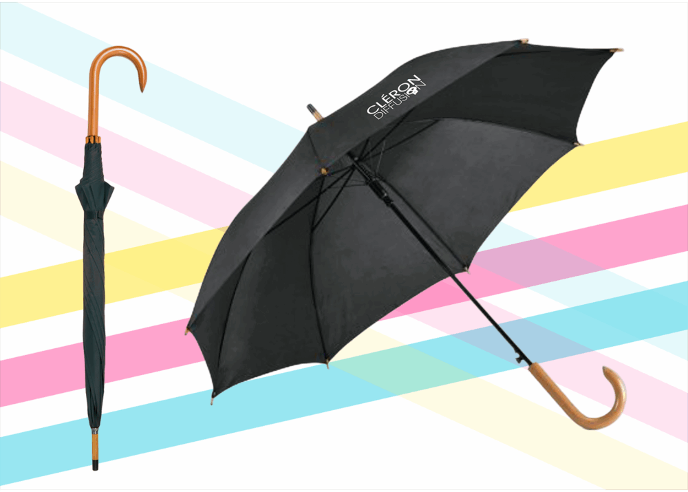 Parapluie noir personnalisé Cléron Diffusion avec poignée en bois courbée.