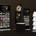 Supports PLV et stands promotionnels Cléron Diffusion – roll-up, drapeau, comptoir et présentoir.