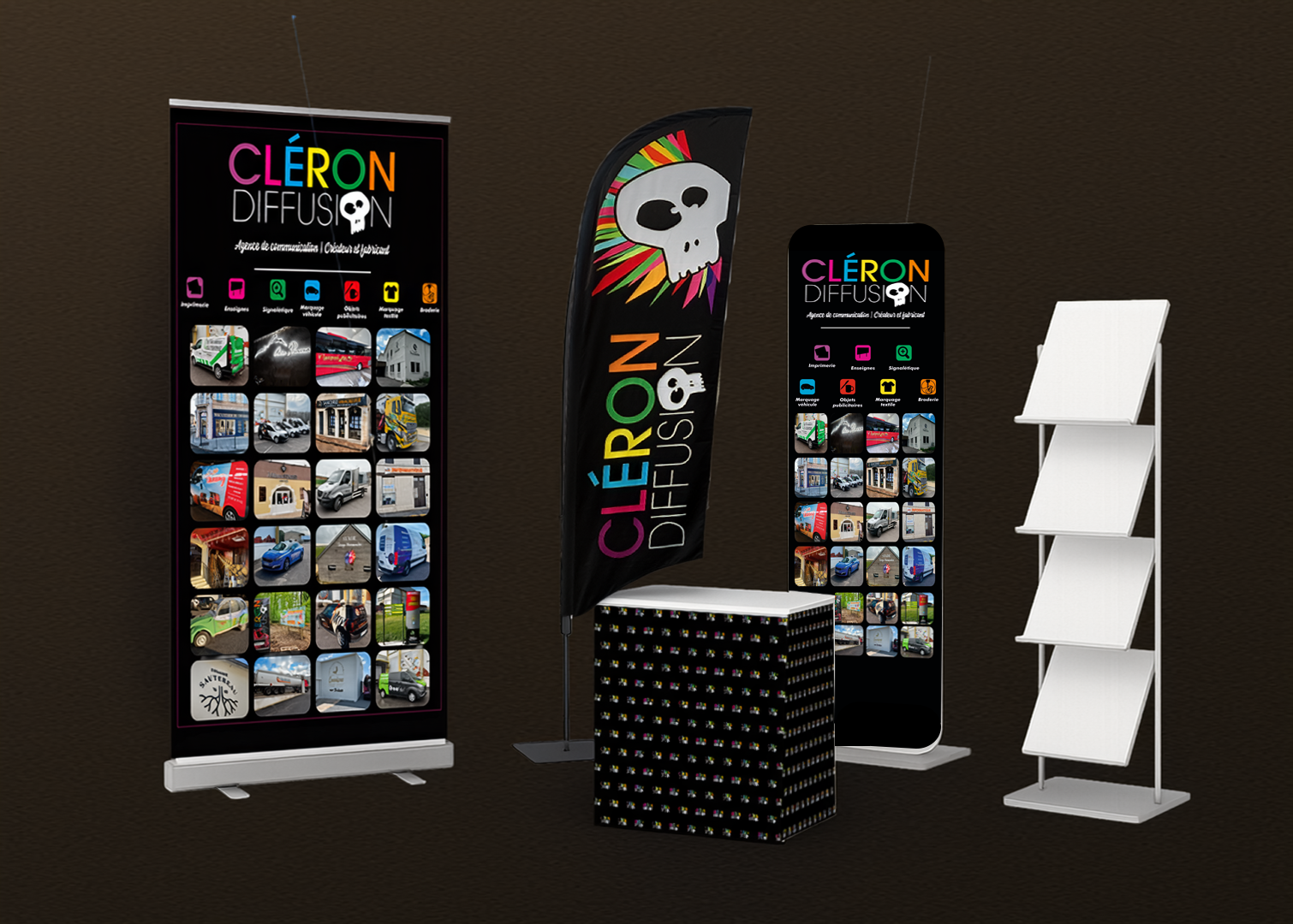 Supports PLV et stands promotionnels Cléron Diffusion – roll-up, drapeau, comptoir et présentoir.