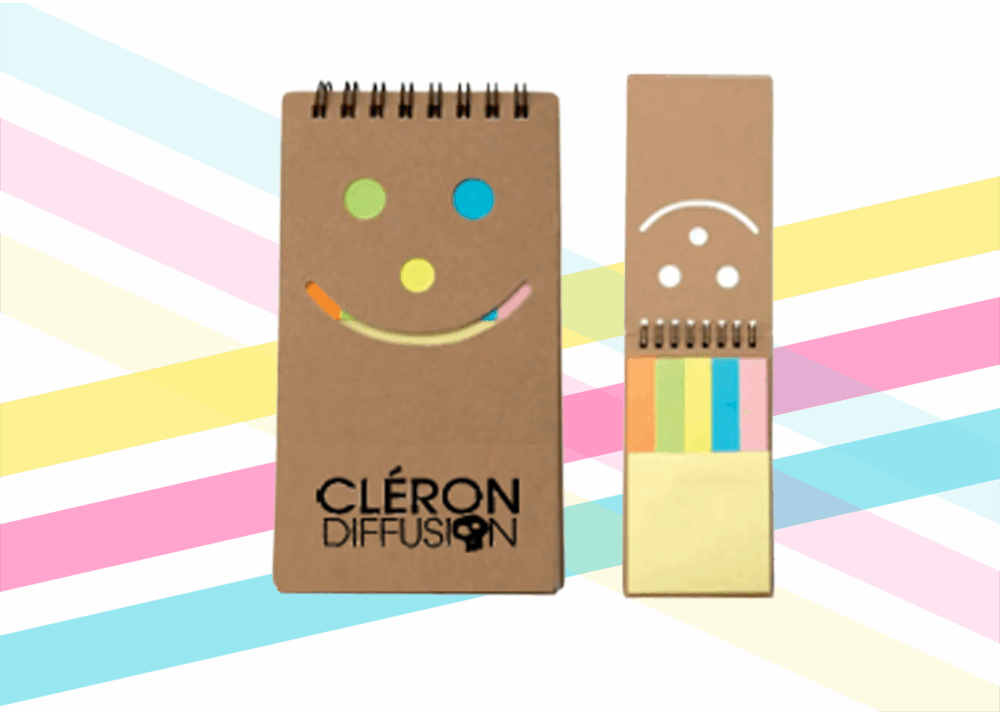 Bloc-notes avec post-it colorés et couverture cartonnée personnalisée Cléron Diffusion.