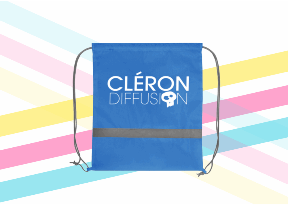 Sac à dos en toile bleu personnalisé Cléron Diffusion avec cordons gris et bande réfléchissante.