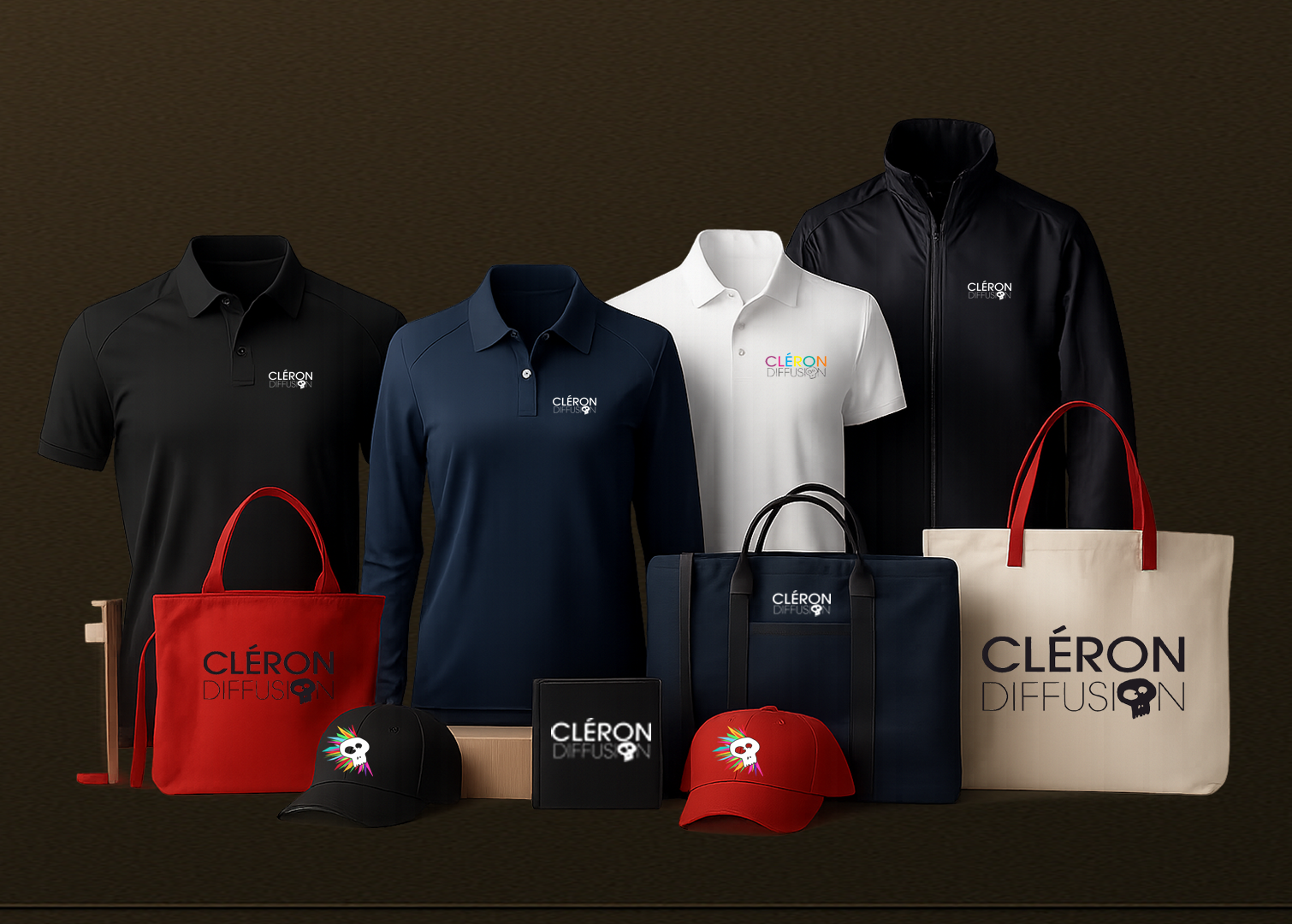 Textiles personnalisés Cléron Diffusion – polos, vestes, casquettes et sacs avec logo brodé.