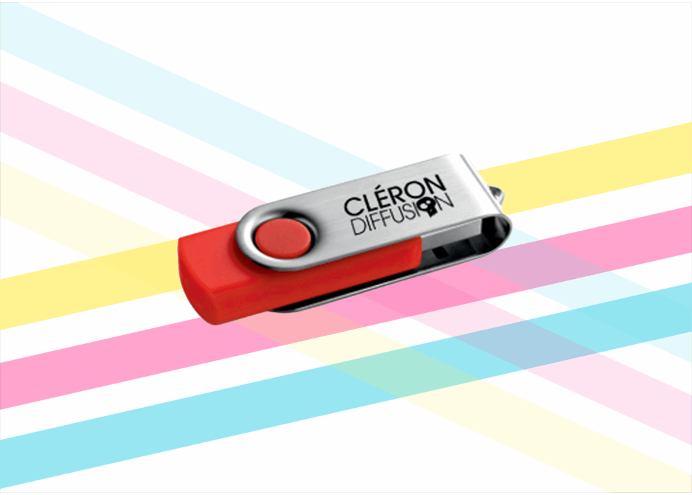 Clé USB rotative rouge et argent personnalisée avec le logo Cléron Diffusion.