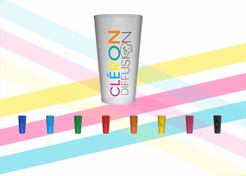 Gobelet réutilisable Cléron Diffusion décliné en plusieurs coloris vifs.