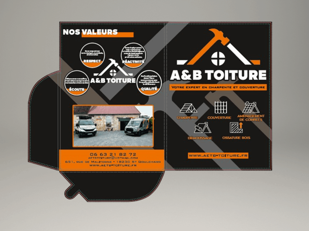 Flyer A&B Toiture présentant les services de charpente, couverture et ossature bois.