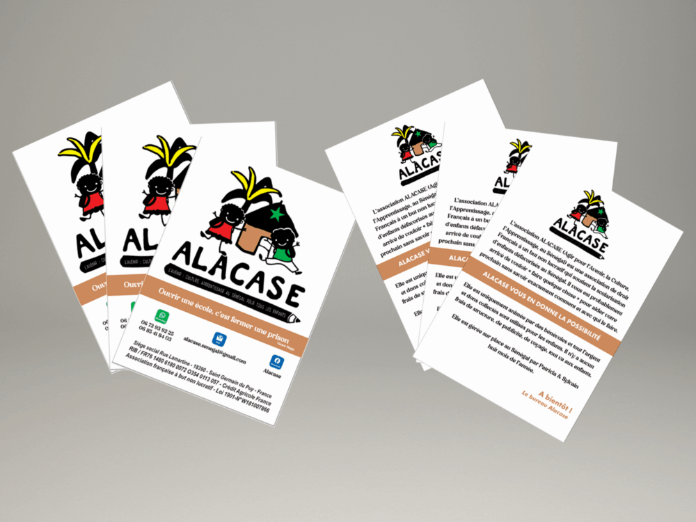 Flyers de l’association ALACASE promouvant l’éducation et la solidarité.