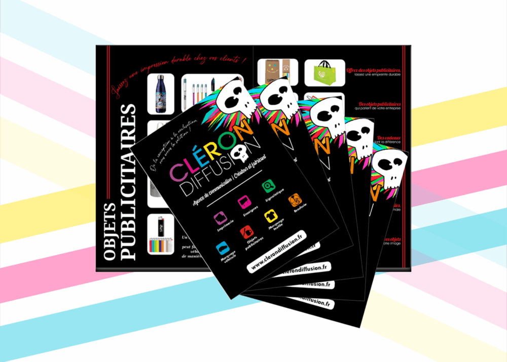 Brochures publicitaires CLÉRON DIFFUSION présentant les services d’impression et objets publicitaires.