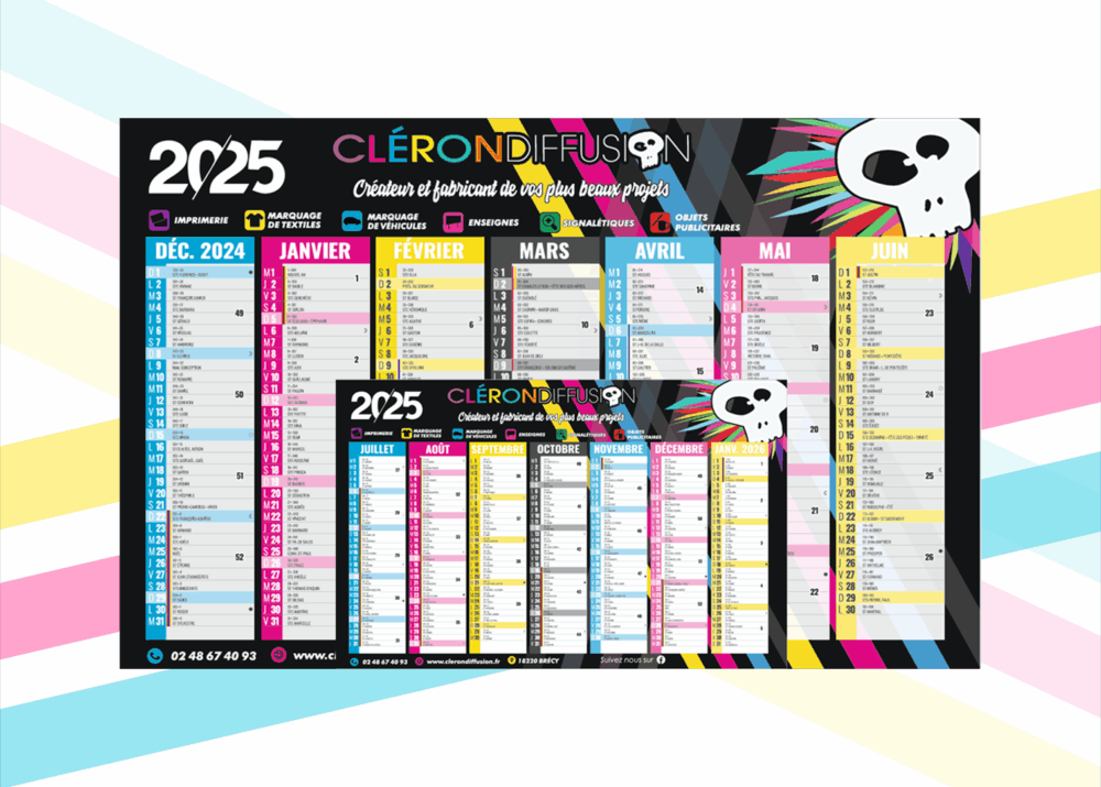 Calendrier mural 2025 personnalisé CLÉRON DIFFUSION avec couleurs vives et logo de l’agence.