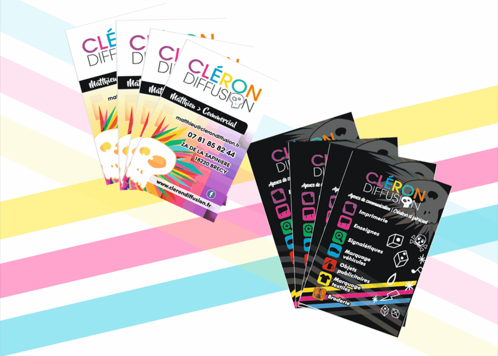 Cartes de visite colorées CLÉRON DIFFUSION avec coordonnées professionnelles.