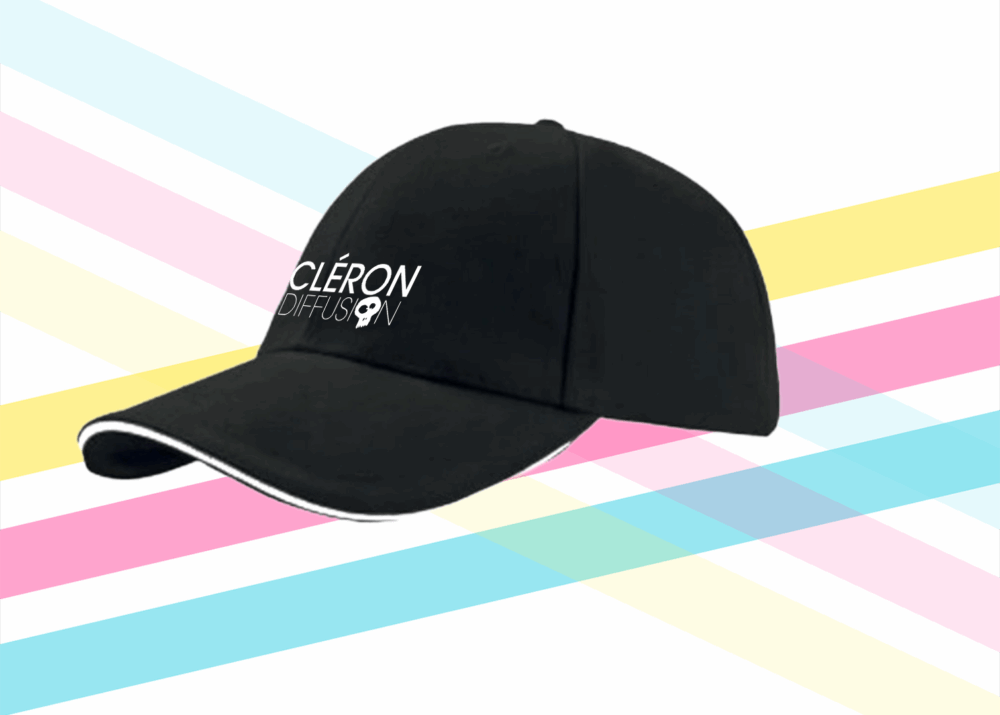 Casquette noire personnalisée avec logo CLÉRON DIFFUSION brodé en blanc.