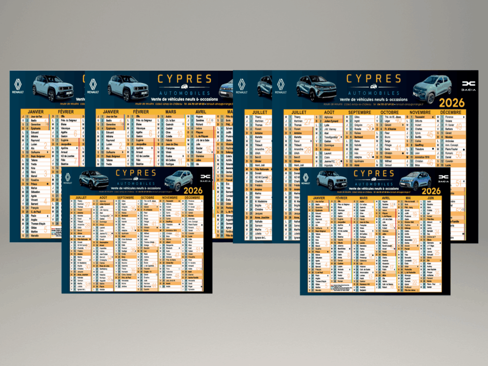 Calendriers publicitaires Cypres Automobiles avec logos Renault et Dacia.