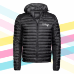 Doudoune noire à capuche personnalisée avec logo CLÉRON DIFFUSION.