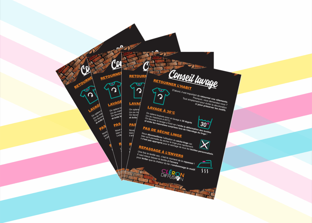Flyers “Conseil Lavage” CLÉRON DIFFUSION avec pictogrammes et instructions d’entretien textile.