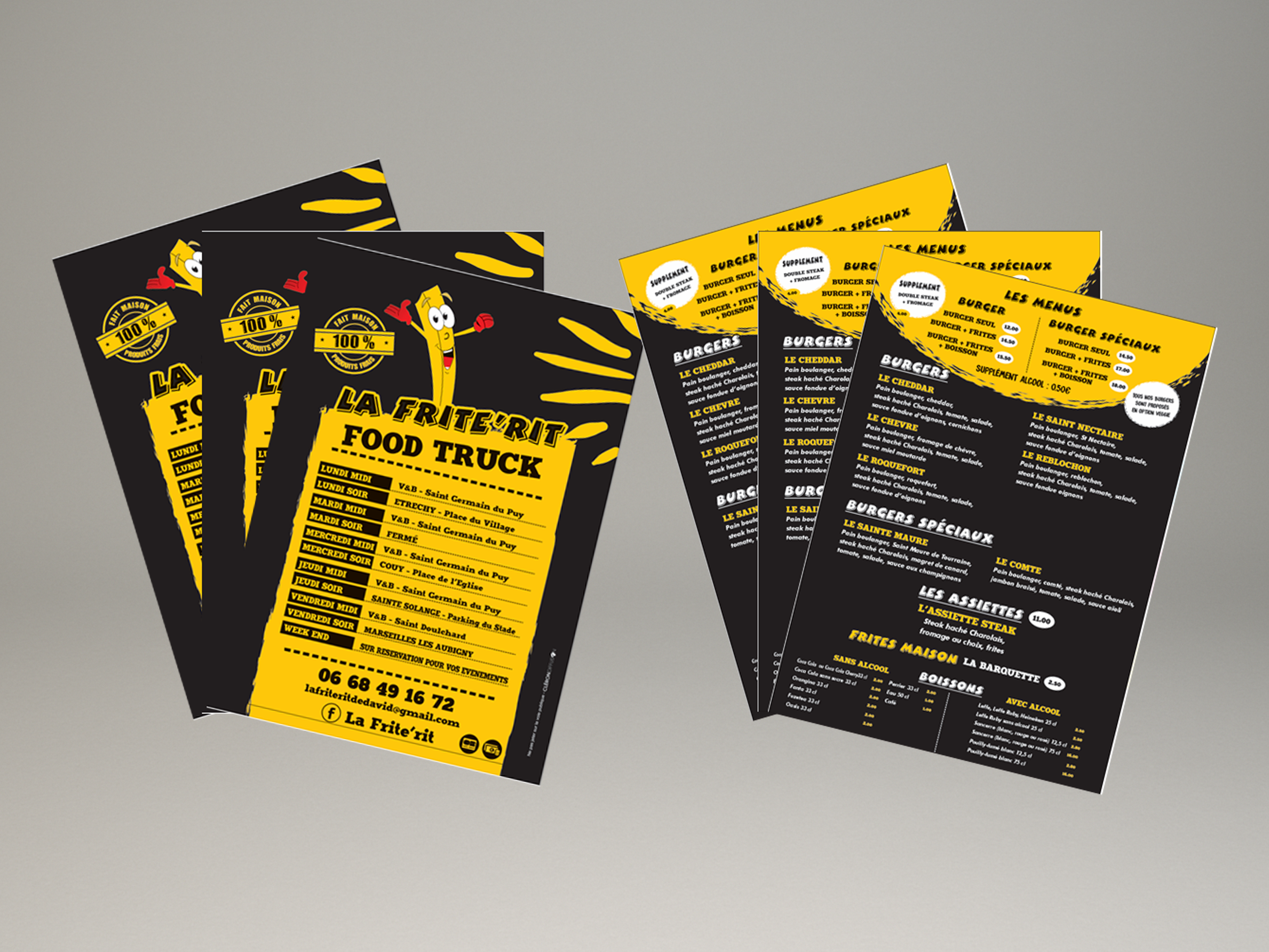 Flyers La Frite’Rit présentant les menus et emplacements du food truck.