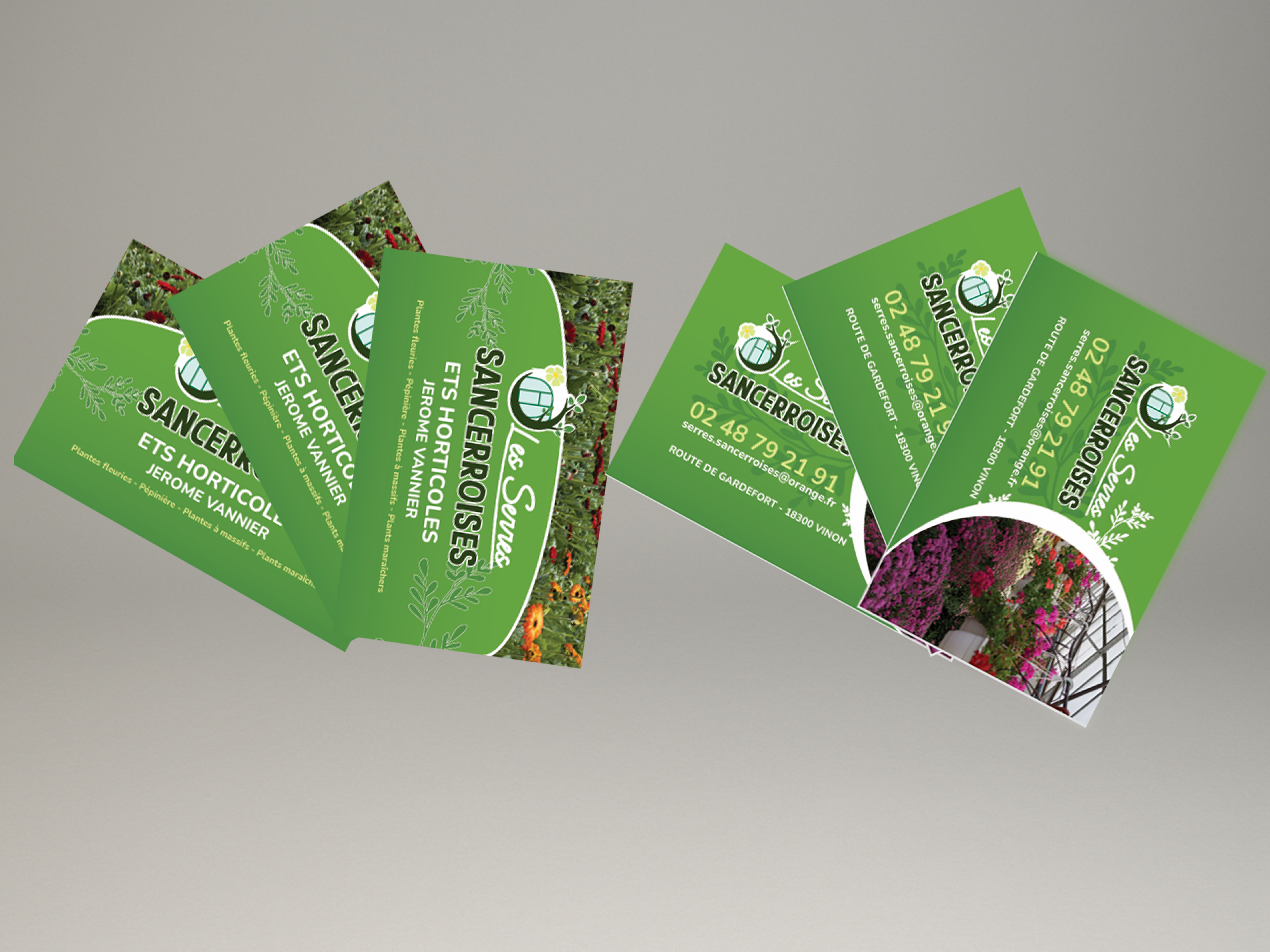 Cartes de visite Les Serres Sancerroises, établissements horticoles Jérôme Vannier.