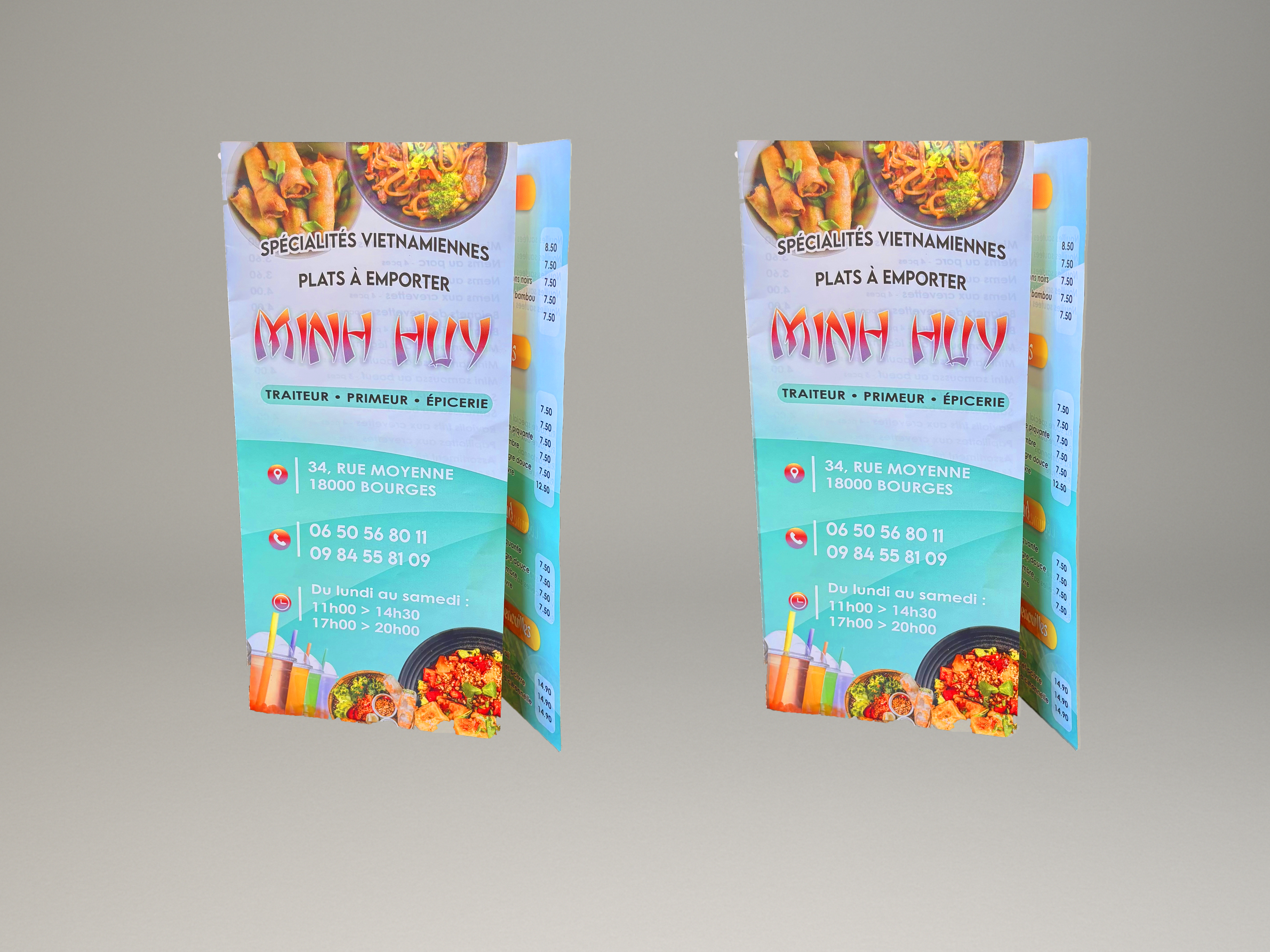Dépliants Minh Huy présentant les plats vietnamiens à emporter à Bourges.