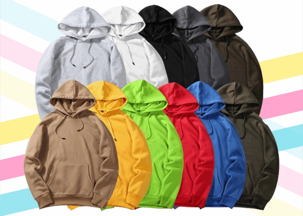 Sweats à capuche unis disponibles en plusieurs couleurs vives et neutres.