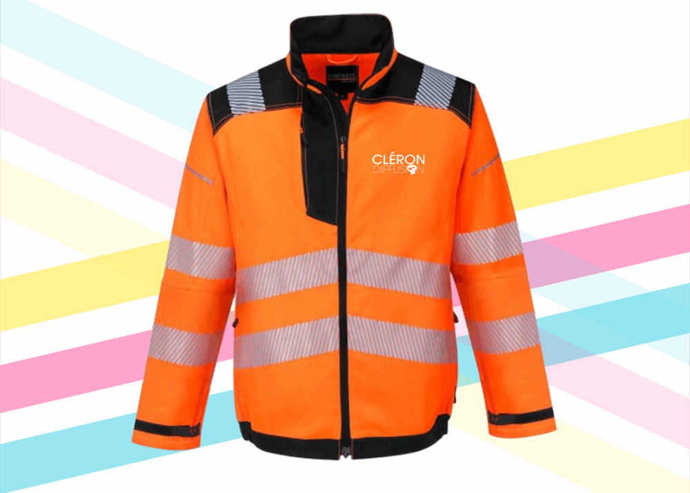 Veste haute visibilité orange personnalisée avec logo CLÉRON DIFFUSION.