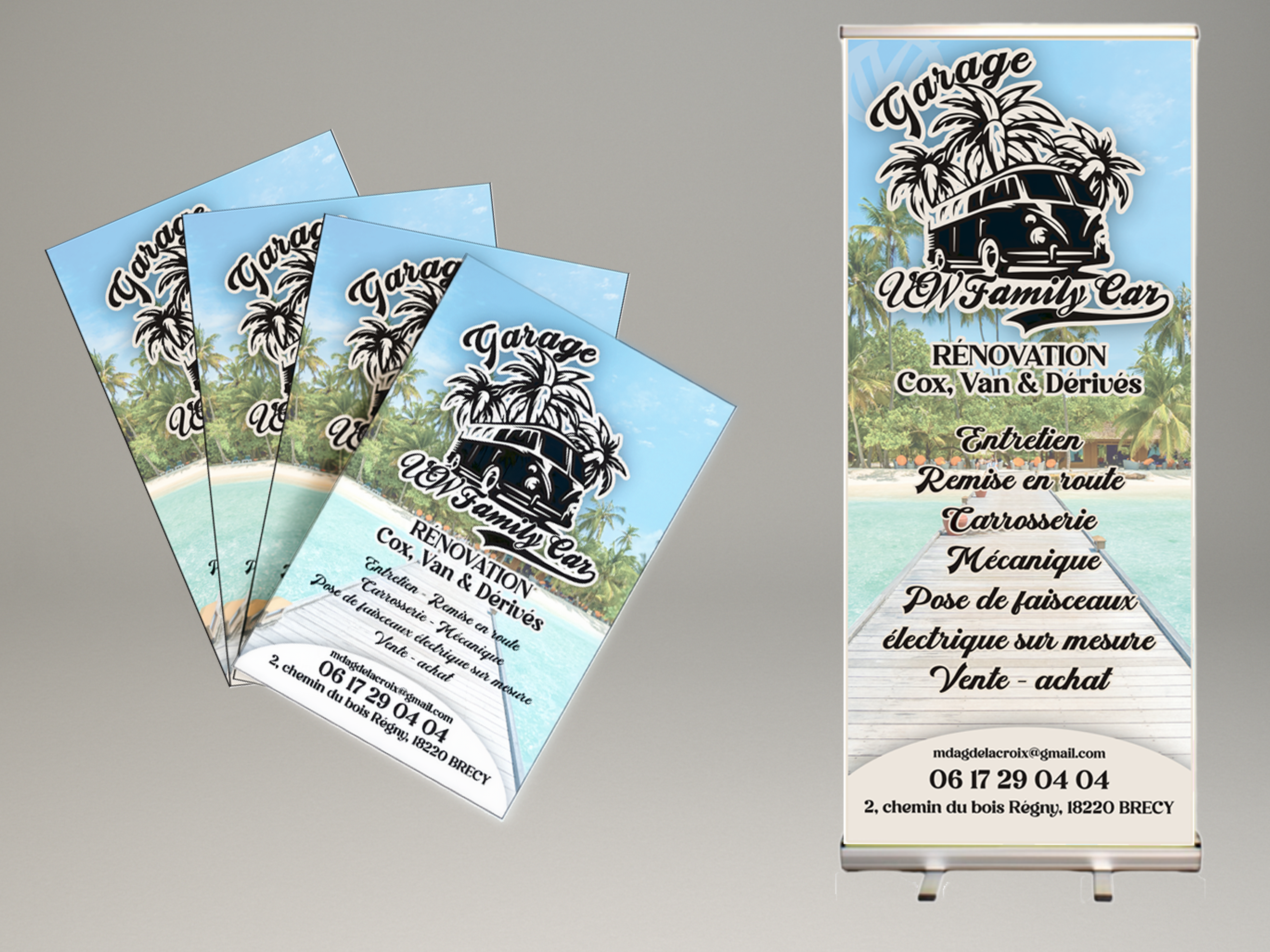 Flyers et roll-up VW Family Car présentant les services de rénovation de vans et Cox.