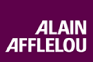 Logo Alain Afflelou sur fond violet, opticien et audioprothésiste.