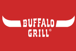 Logo Buffalo Grill sur fond rouge avec cornes blanches stylisées.