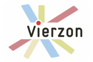 Logo de la Ville de Vierzon, avec formes colorées et point rouge central.